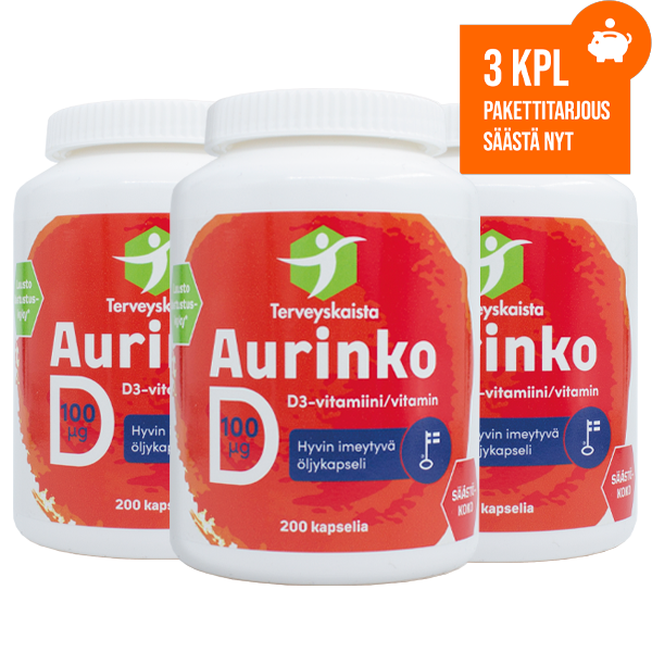 Aurinko D-vitamiini 100 µg (200 kaps.) 3 kpl PAKETTITARJOUS!