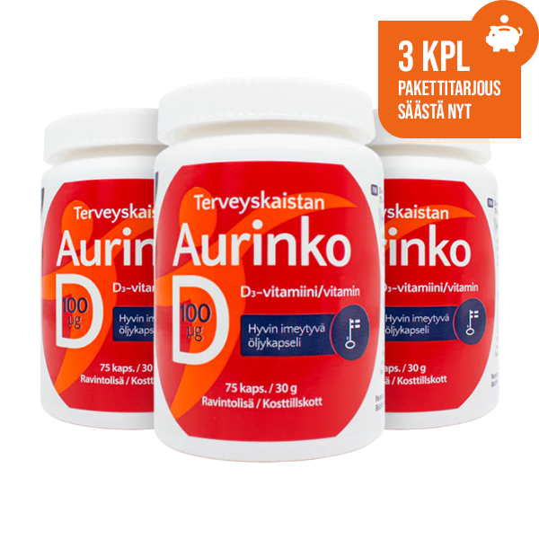 Aurinko D-vitamiini 100 µg (75 kaps.) 3 kpl PAKETTITARJOUS!