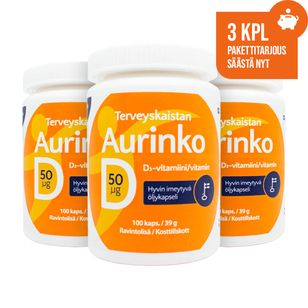 Aurinko D-vitamiini 50 µg (100 kaps.) 3 kpl PAKETTITARJOUS!