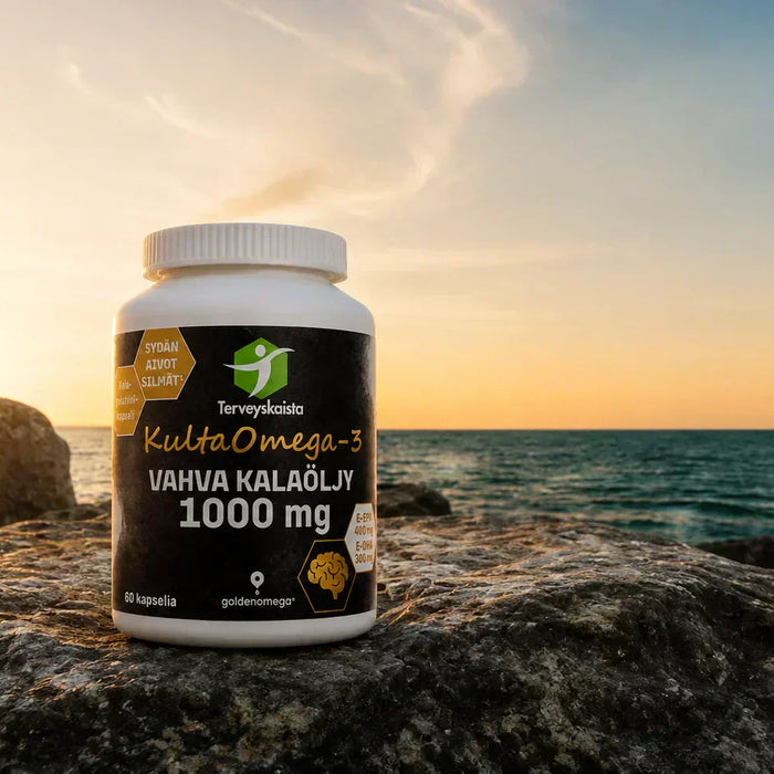 Kalaöljypurkki kalliolla merellä