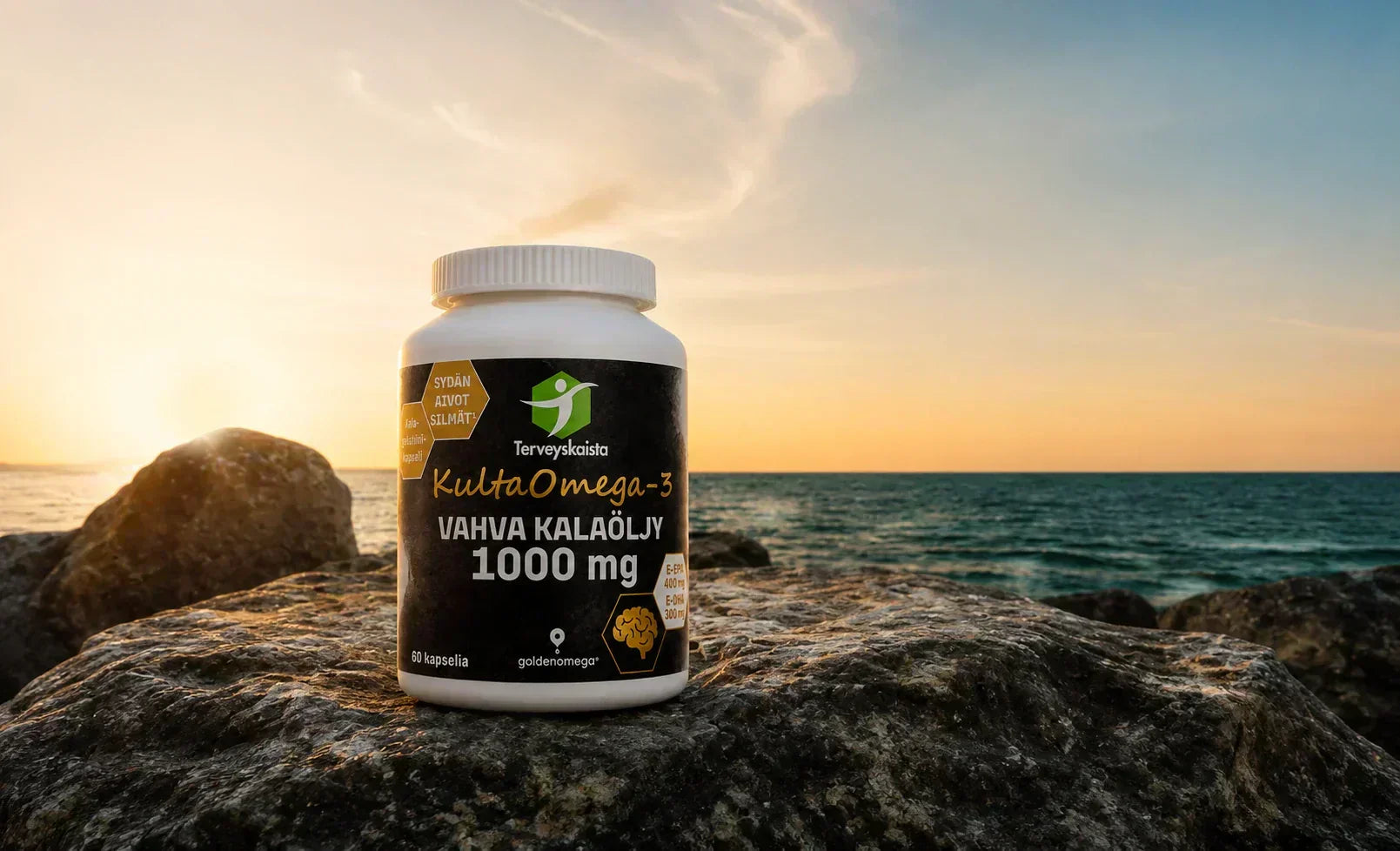 Kalaöljypurkki kalliolla merellä