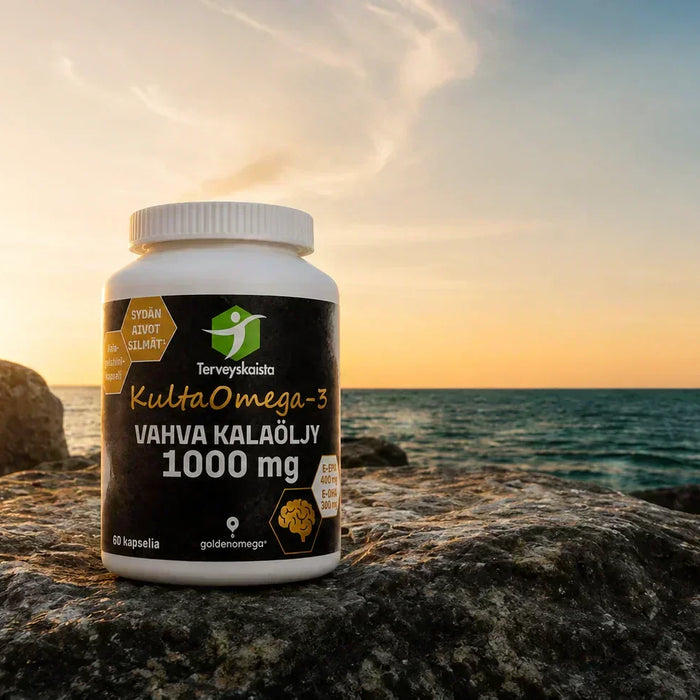 Kalaöljypurkki kalliolla merellä