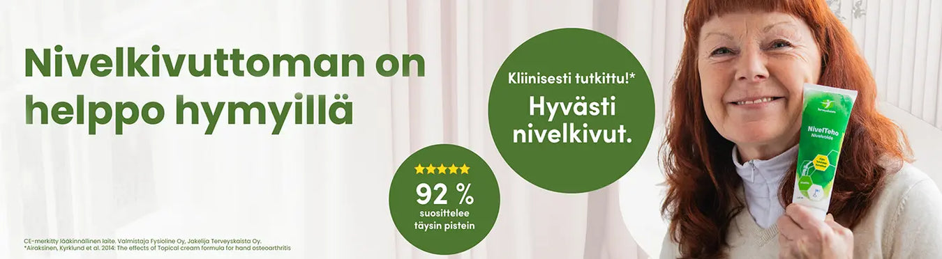 Nainen hymyilee ilman nivelkipuja