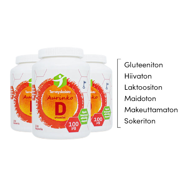 Aurinko D-vitamiini 100 µg Extra virgin oliiviöljykapselissa 3 kpl PAKETTITARJOUS!