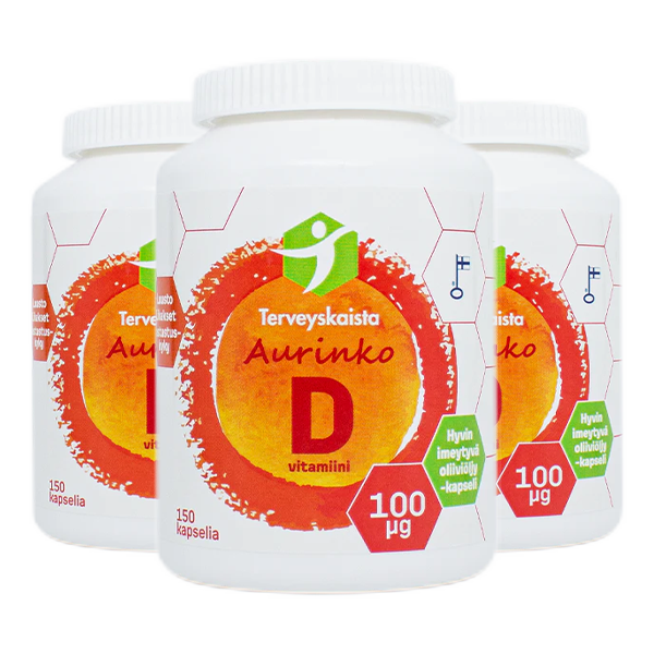Aurinko D-vitamiini 100 µg Extra virgin oliiviöljykapselissa 3 kpl PAKETTITARJOUS!
