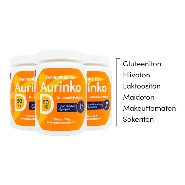 Aurinko D-vitamiini 50 µg (100 kaps.) 3 kpl PAKETTITARJOUS!