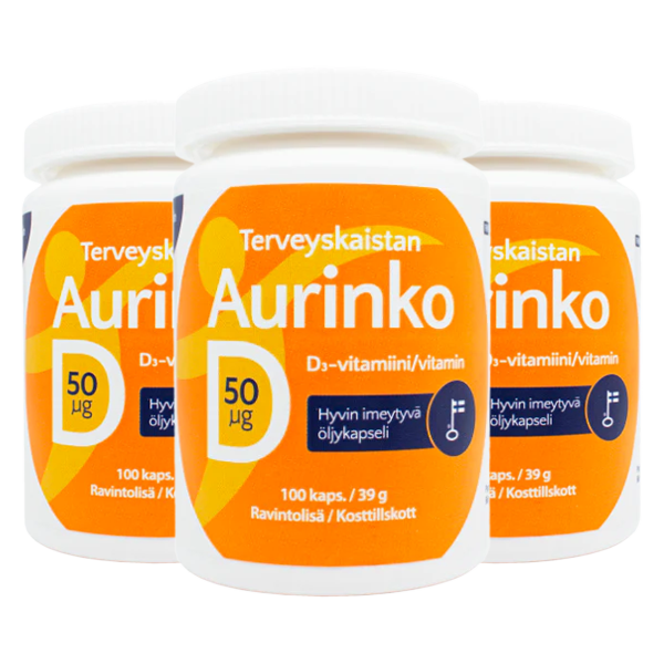 Aurinko D-vitamiini 50 µg (100 kaps.) 3 kpl PAKETTITARJOUS!