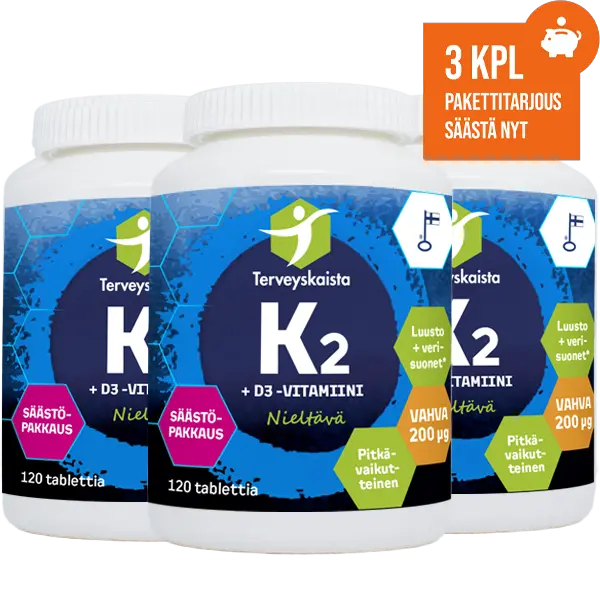 K2 + D3 -vitamiini 120 tabl 3 kpl PAKETTITARJOUS!