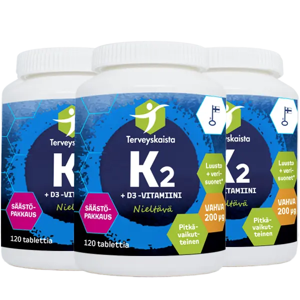 K2 + D3 -vitamiini 120 tabl 3 kpl PAKETTITARJOUS!