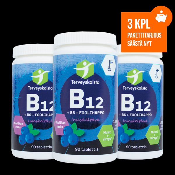 B12 + B6 + Foolihappo, imeskeltävä (mustikka) 3 kpl PAKETTITARJOUS!