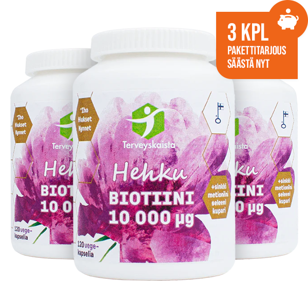 Hehku Biotiini 10 000 µg + Sinkki + Metioniini + Kupari + Seleeni 3 kpl PAKETTITARJOUS!