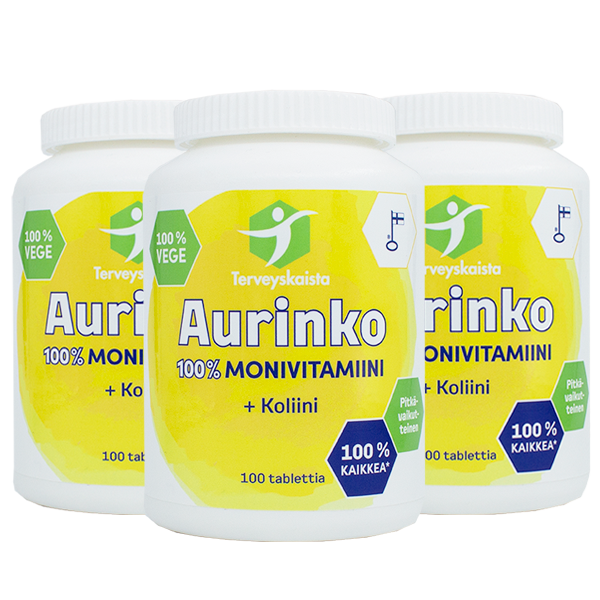 Aurinko100% Monivitamiini + koliini 100 tabl 3 kpl PAKETTITARJOUS!